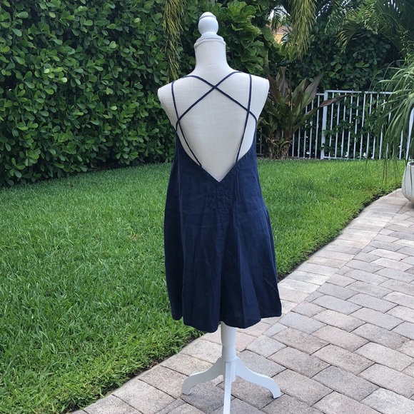 CLAUDIO MILANO NAVY BLUE LOW BACK CRISSCROSS STRAPS ITALIAN LINEN DRESS MEDIUM - Picture 5 of 14